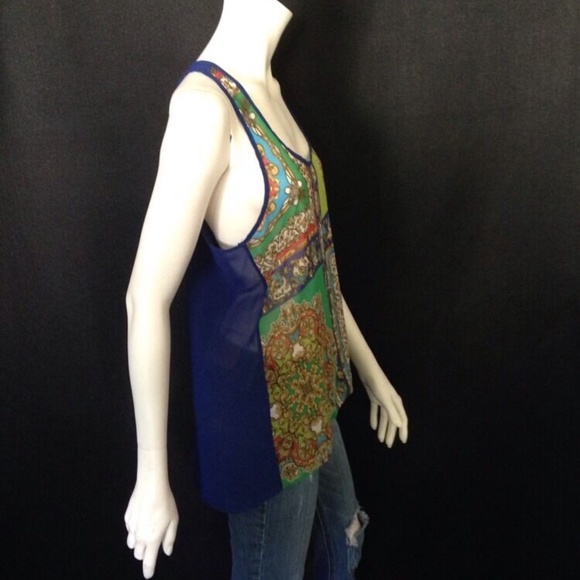 Ladies Sheer Polyester Printed Blue Multicolor Racer Back Tank By Soprano Size S - Picture 7 of 9